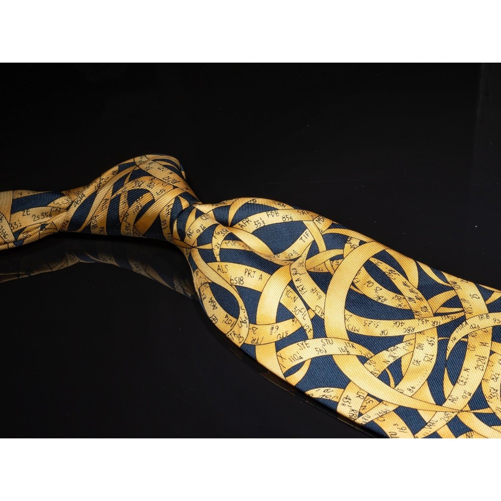 Alynn Neckwear Navy Blue Light Brown Motif Silk Tie "Vintage Ticker Tape" USA